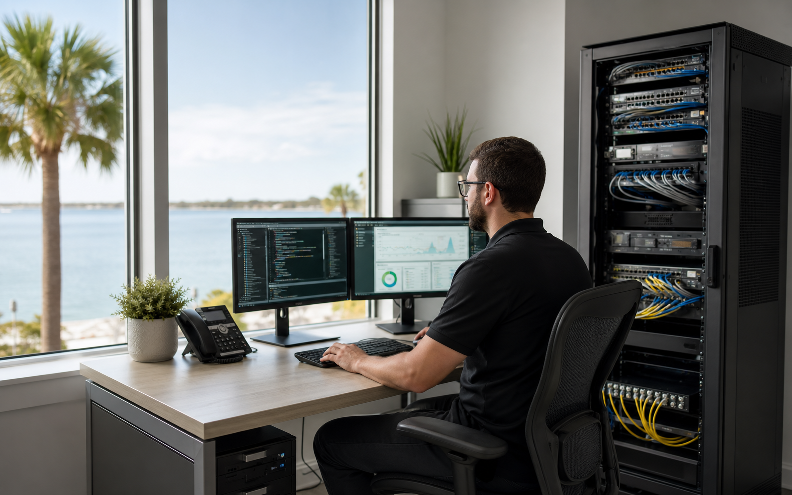 Technician managing business IT systems beside network and server equipment